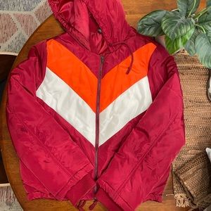 Red Orange and White Hooded Puffer Coat